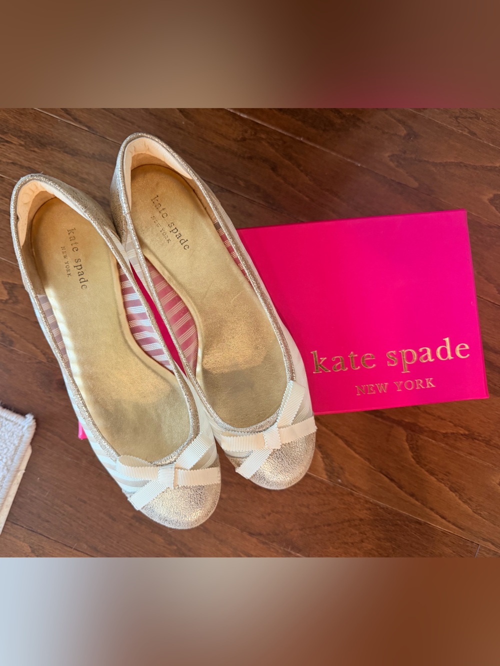 kate spade Metallic Gold Ballet Flats with Ivory Bow Accent